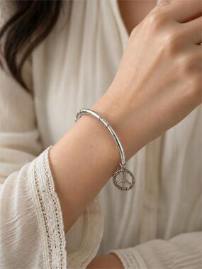 Silver-Tone Engraved Peace Sign Charm Bangle Bracelet for Women